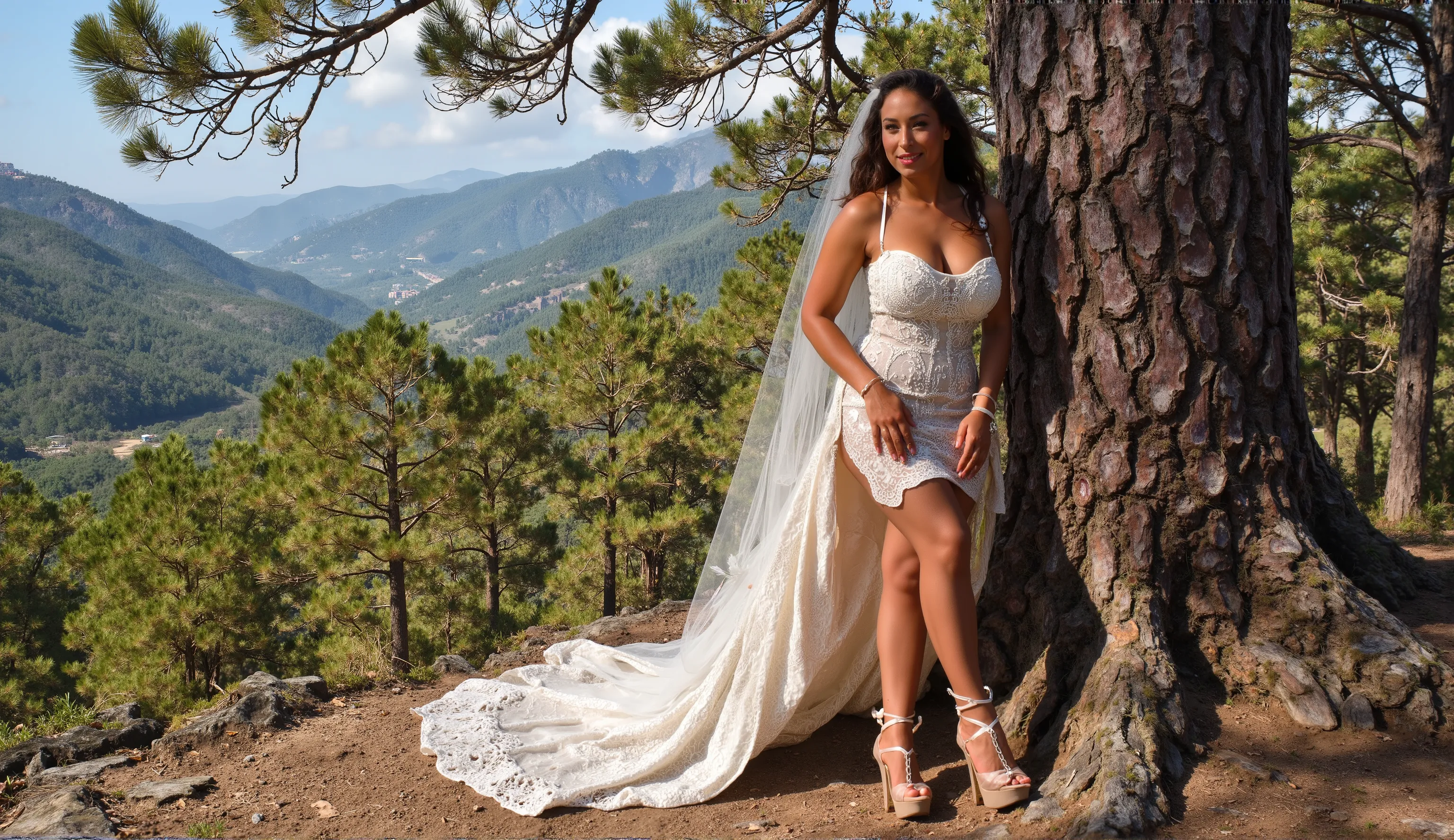 A stunning bride poses seductively, leaning on a majestic tree at the edge of a breathtaking valley amidst rolling mountains. Her tight, noble wedding dress showcases luscious cleavage and strapless allure, complemented by intricate filigree jewelry adorni...