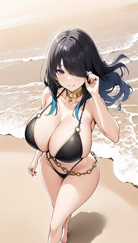 1 girl, alone, (( Whole body)), (long wavy black hair with cyan locks, ((long bangs covering the left eye))), (purple eyes, Sexy mole under the eye),  earrings, (golden choker), big breasts,  big and aesthetic thighs , (black micro v-neck swimsuit with whi...