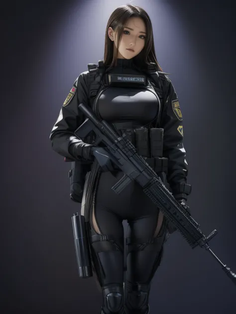 Highest Image、Amazing Details、 Ultra High Definition 、（realism：1.4）、（（close：0.75））、 for 1 woman is extremely condensed、beautiful and delicate face、 perfect ratio、 Narrow Down the Target Group 、big breasts）、brown hair、（Violet Tech Suit）、（Cyborg vs. police u...