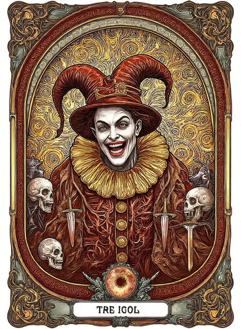 art nouveau style, a Fool character of tarot grinning like evil Text says "FOOL". Skulls, swords and a witch sphere
