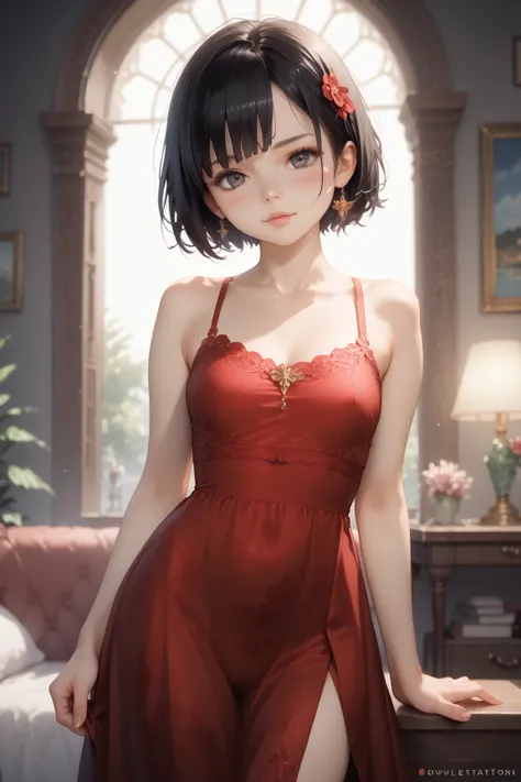 mini-job,  1 girl, cowboy shot of beautiful Es gibt, looking at the viewer, red dress, black hair, Blush,  short hair, sporty night , volumetric lighting,  best quality,  masterpiece, complicated details, Tonal adjustment , Sharp Focus,  highly detailed,  ...