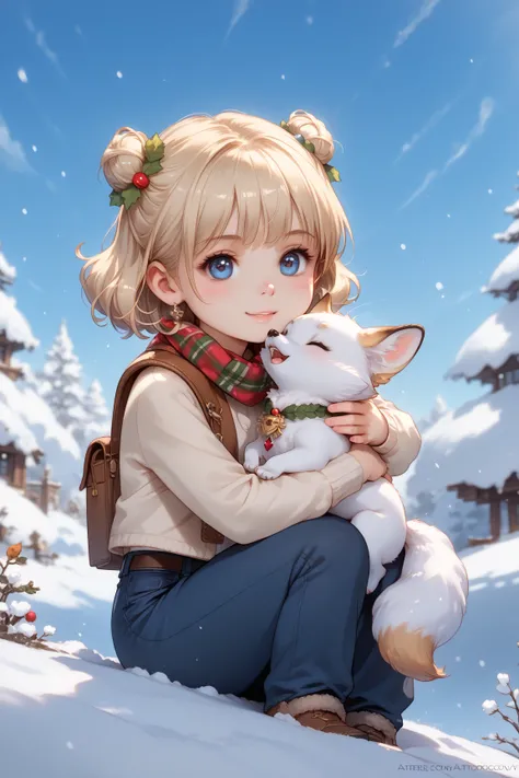 minigirl, Stil-NebMagic, Portrait of Ismail Inceoglu, Gazelli, James Jean, Anton Fadeev and Yoshitaka Amano, a fluffy cute arctic fox with a STYLE-SylvaMagic scarf in the snow, very detailed,  8k resolution , digital art,  trend on Artstation, bright color...