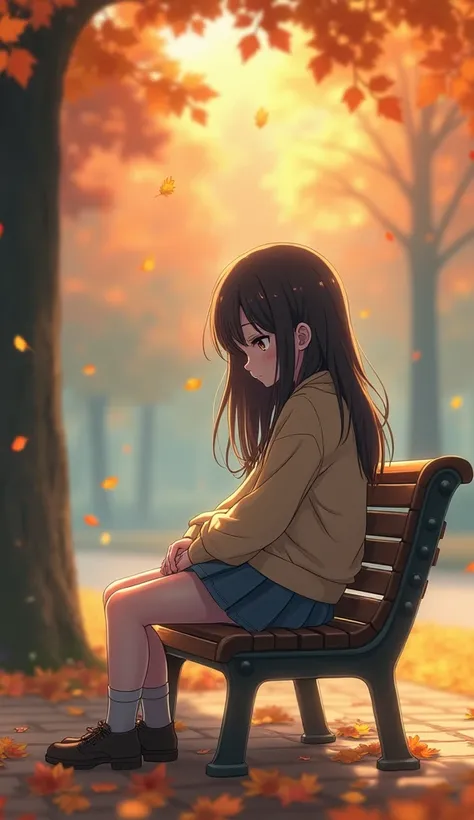 A melancholic anime-style illustration of a high school girl sitting alone on a park bench, her hands resting on her lap. She looks down at the ground with a sad yet thoughtful expression, her long hair partially covering her face. The background is softly...