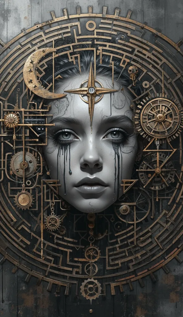 Surreal portrait, intricate maze pattern overlay, steampunk clockwork elements, circular composition, black and white face, golden mechanical details, abstract geometry, labyrinth design, cyberpunk aesthetic, dark atmospheric mood, complex textures, drippi...