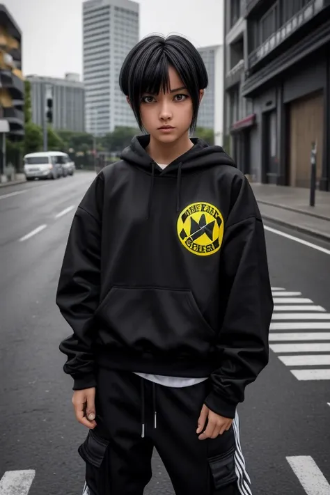  high resolution,   boyish ,   1 girl,  black hair, Sporty shortcuts,   asymmetrical hairstyle  ,  Asymmetrical bangs,   yellow eyes,  There are three circles in the middle of the eye,  Skater Style Street Fashion, slightly oversized bottoms, standing,  fu...