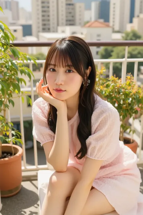 "A Japanese woman enjoying a sunbath on a balcony. She is wearing a light, casual outfit such as a summer dress or a comfortable robe. The scene is peaceful, with warm sunlight shining down, casting soft shadows. The balcony is decorated with potted plants...