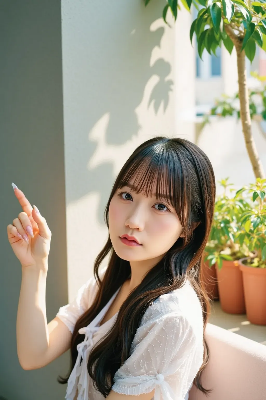 "A Japanese woman enjoying a sunbath on a balcony. She is wearing a light, casual outfit such as a summer dress or a comfortable robe. The scene is peaceful, with warm sunlight shining down, casting soft shadows. The balcony is decorated with potted plants...