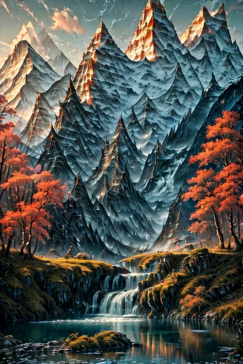 mountain landscape with waterfall and river