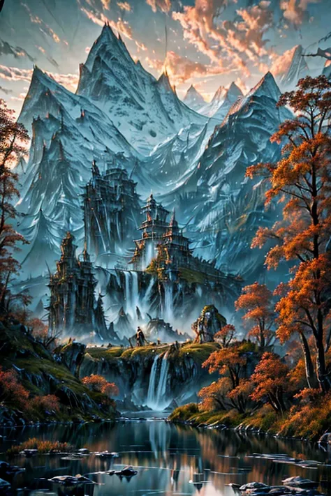 mountain landscape with waterfall and river