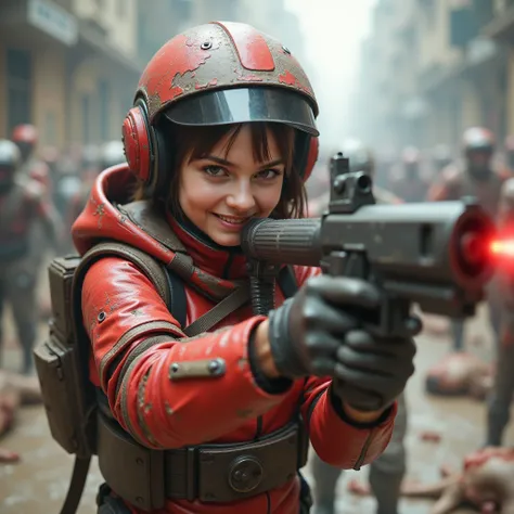 high resolution, masterpiece, photo realistic,  surrealism ,a fully armed girl wearing a helmet with a transparent visor is fighting with a laser gun against zombies attacking. The girl is short cut hair, smiling with mocked and malicious expression and we...