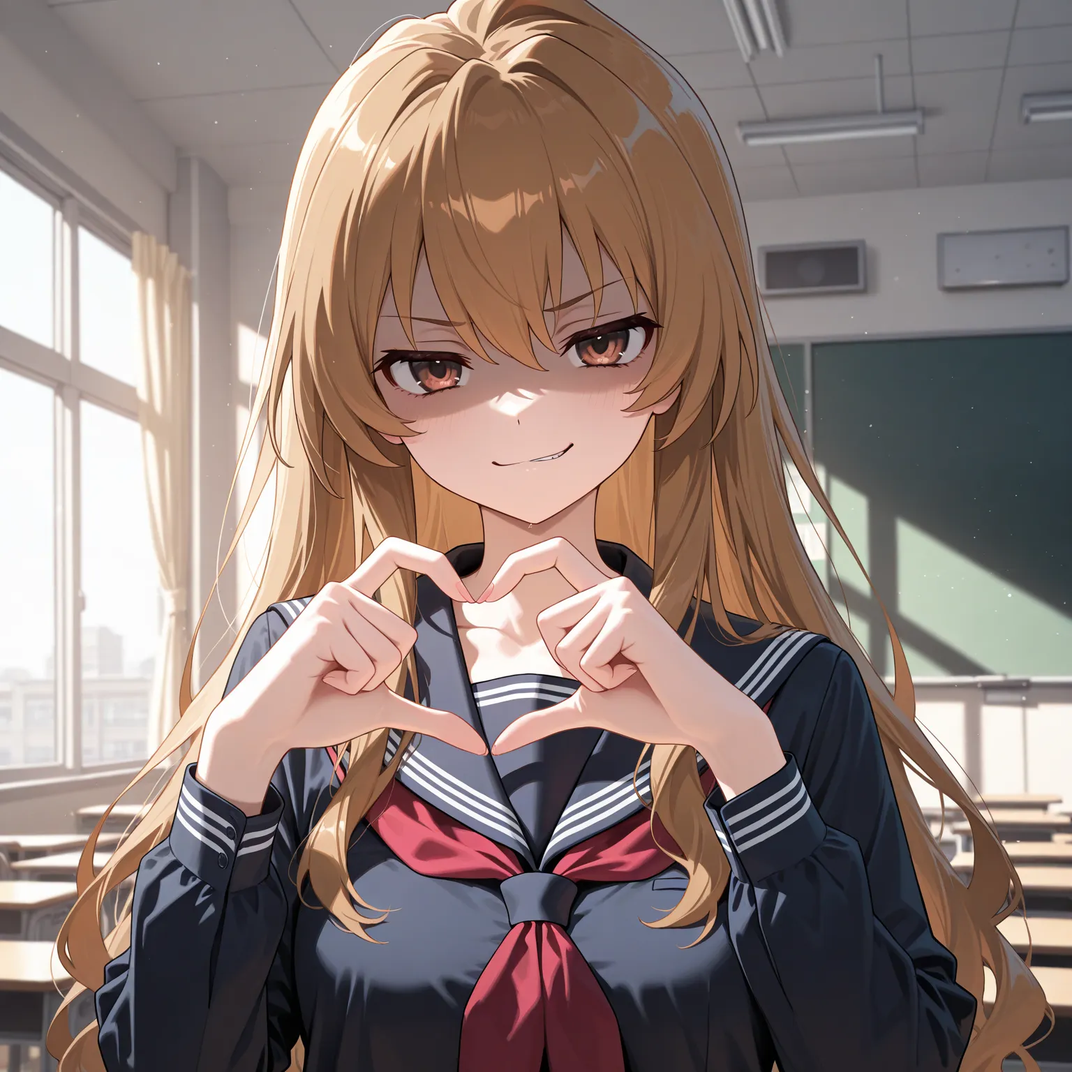 masterpiece, newest, absurdres, best quality, hires, 1girl, taiga aisaka \(toradora\), indoors, classroom, smirk, shaded face, heart hands, looking at viewer, serafuku, upper body