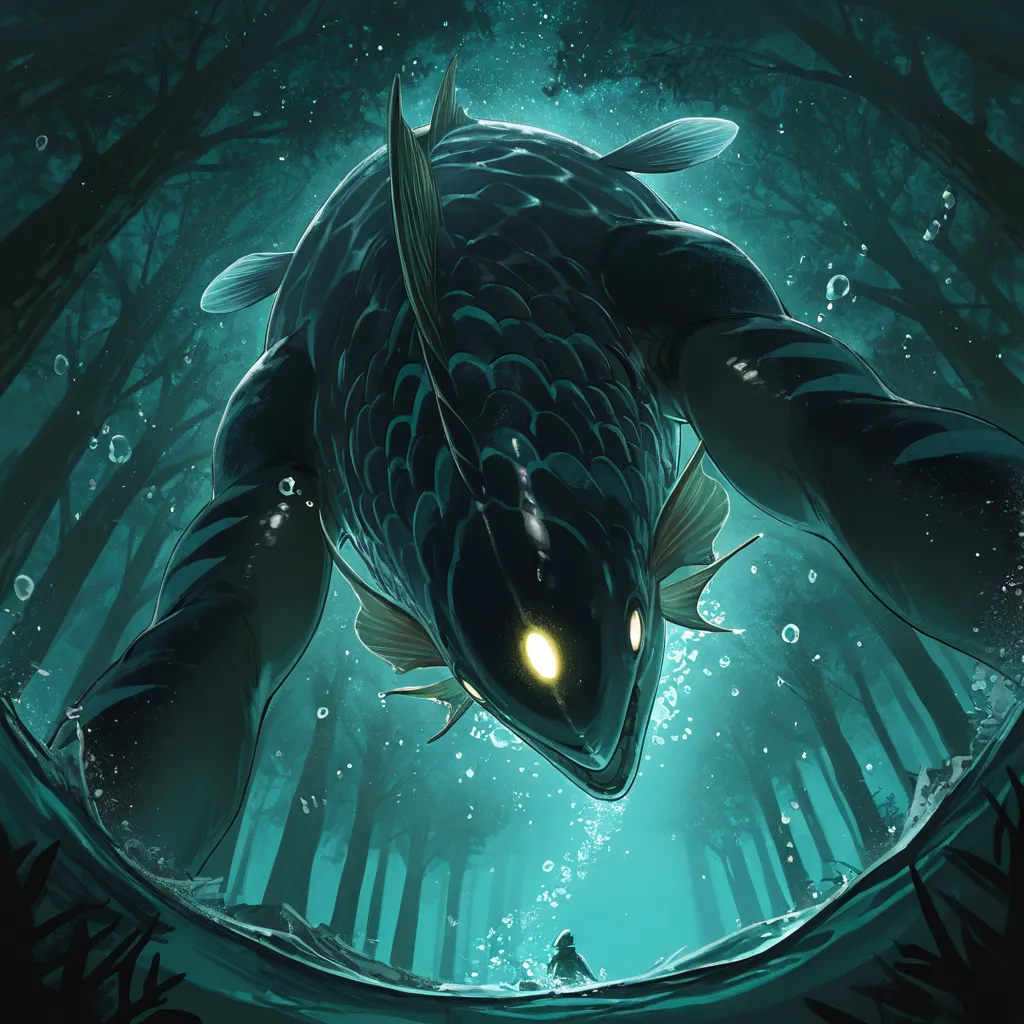 from down the dark water, a humanoid aquatic creature diving head first arms forward, determined, it comes from above, lots of swirls and bubbles, fish and fauna flee to the depths, particles of vegetation in the murky water, from below, glowing light, Wid...