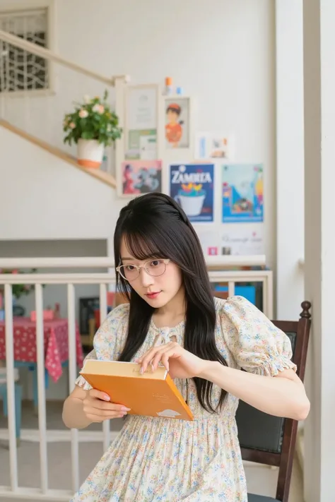 {
  "prompt": "A Japanese woman sitting on a balcony chair, reading a book. She is wearing a cute, colorful dress and glasses. The balcony has a relaxing atmosphere, with soft lighting and a beautiful view. The woman has long, black hair and a gentle expre...