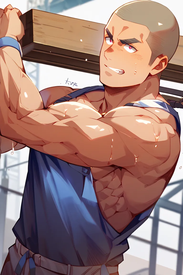 TOP QUALITY、A shaved man with a shaved head is dressed as a squishy eagle at a construction site、Thick eyebrows、Sharp Eyes、Japan、 pretty sweaty 、muscles are bulging、 crotch bulging 、 serious face、