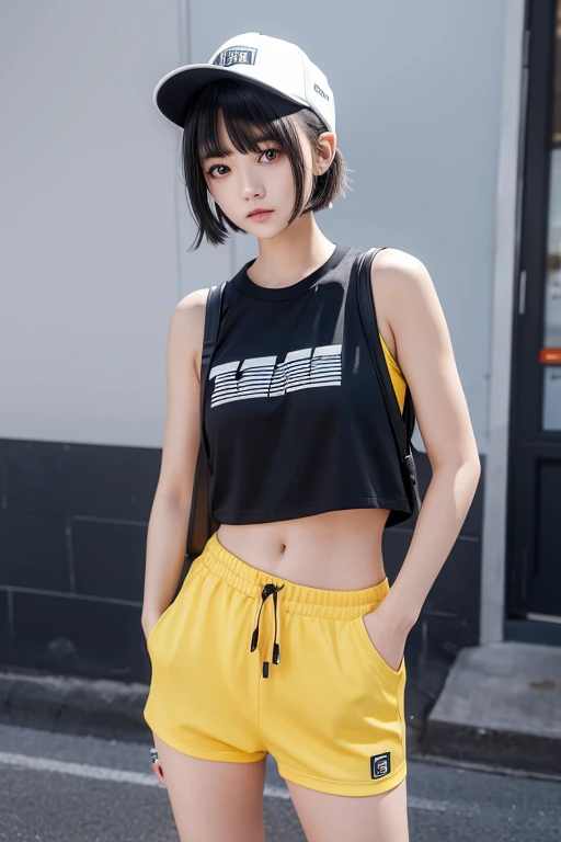  high resolution,   boyish ,   1 girl,  black hair, Sporty shortcuts,   asymmetrical hairstyle  ,  Asymmetrical bangs,   yellow eyes,  There are three circles in the middle of the eye,  Skater Style Street Fashion, slightly oversized bottoms, standing,  fu...