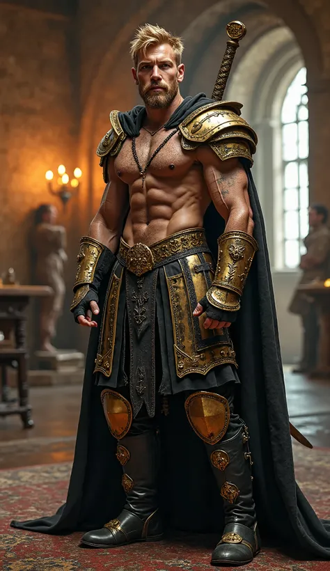 A highly realistic full-body image of an incredibly handsome and muscular Viking warrior with body hair, short, slightly messy golden hair resembling a lion’s mane, and a well-groomed beard. His intense amber eyes exude confidence and sensuality. His broad...