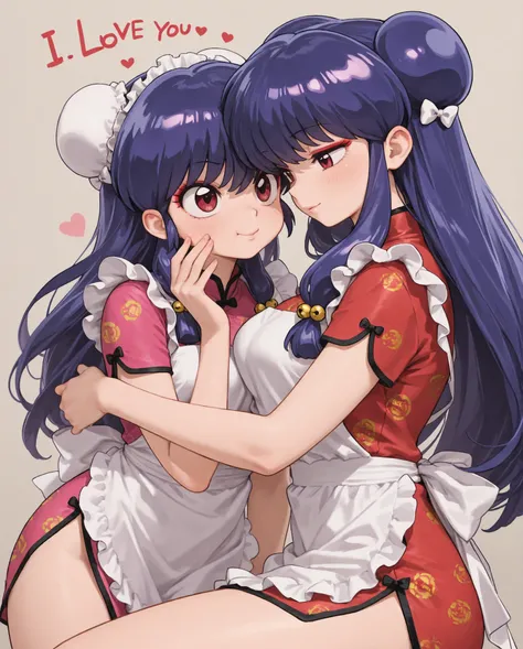 masterpiece, top quality , perfect face, Highest Resolution, 8k, 1 girl,  shampoo  (Ranma 1/2),  young,  red eyes,  long hair,  purple hair, Detailed depiction of bun knot hair ,  red eyeshadow,  China Dress, apron dress, Chinese cuisine,  I love you, A fa...