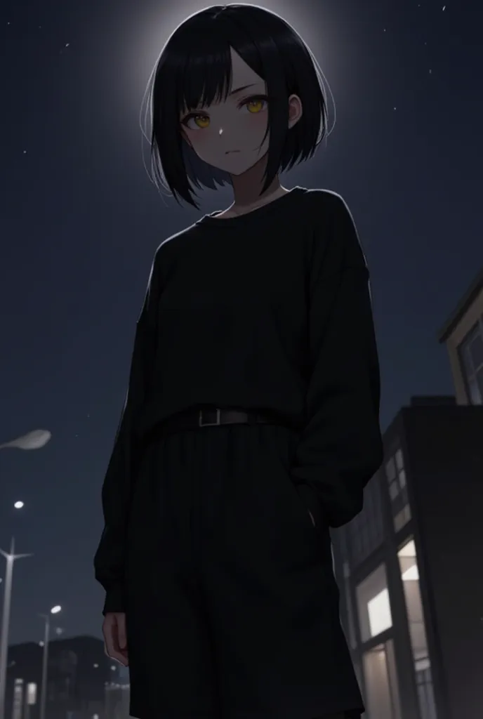  high resolution,   boyish ,   1 girl,  black hair, Sporty shortcuts,   asymmetrical hairstyle  ,  Asymmetrical bangs,   yellow eyes,  There are three circles in the middle of the eye,  Skater Style Street Fashion, slightly oversized bottoms, standing,  fu...