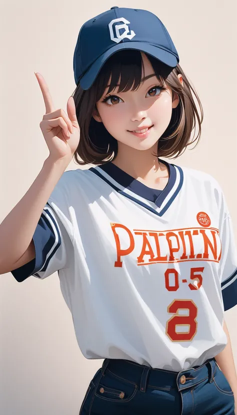 Young Asian woman, late s to early twenties, wearing a white baseball jersey with navy blue numbers and lettering.  Short, dark brown hair with bangs.  Smiling expression, showing visible dimples.  Friendly and approachable demeanor.  Pointing with her rig...