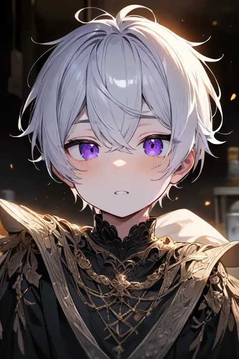  boy， Shota，white hair，Purple Eyes，( masterpiece)，(best quality)，(Ultra-detailed)，illustration，intricate