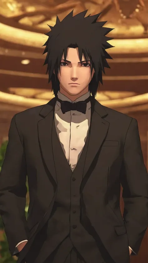 very realistic 3D anime character, in suit and bow tie standing indoors, handsome man, sasuke uchiha, as a 3d realistic anime character, male character, sasuke uchiha, final fantasy face, very realistic highly detailed face, detailed looking facial and hai...