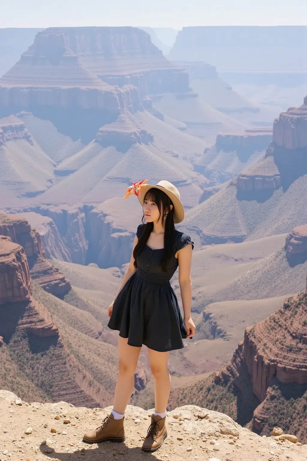 「A Japanese woman at the Grand Canyon in America、Scene with a spectacular view in the background。She is dressed in outdoor style、Wear a hat、looks moved by spectacular natural scenery。」
