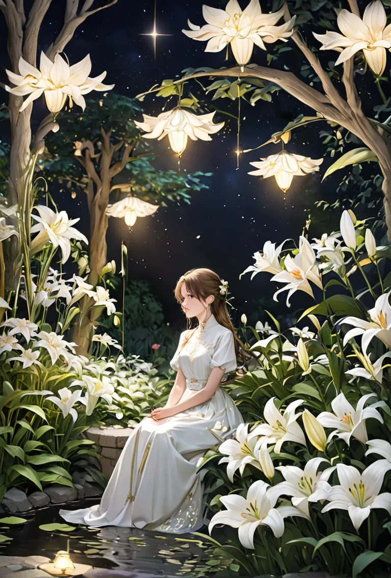 In the garden beautiful flowers, white peaces lilies, a simple young woman, Sitting under a tree, thoughtful, Sad almost tearful , the lights of the sky and the stars with the lights of the rays illuminating, flower white peaces lilies, All embroidered wit...