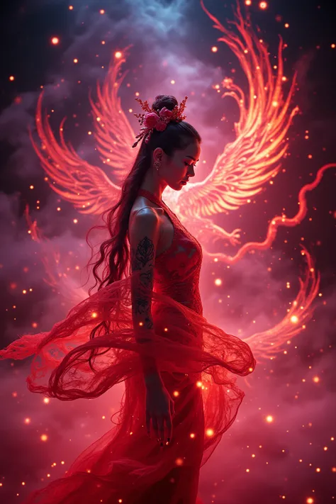 Japanese dance awakens to powerful gods and phoenixes、Japanese woman emitting magic and light energy with red light emitting long hair neon luminescent tattoo、ULTRA HIGH QUALITY HIGH PRECISION FAR-VIEW、Heaven with an infinite blink and neon effect、fantasti...