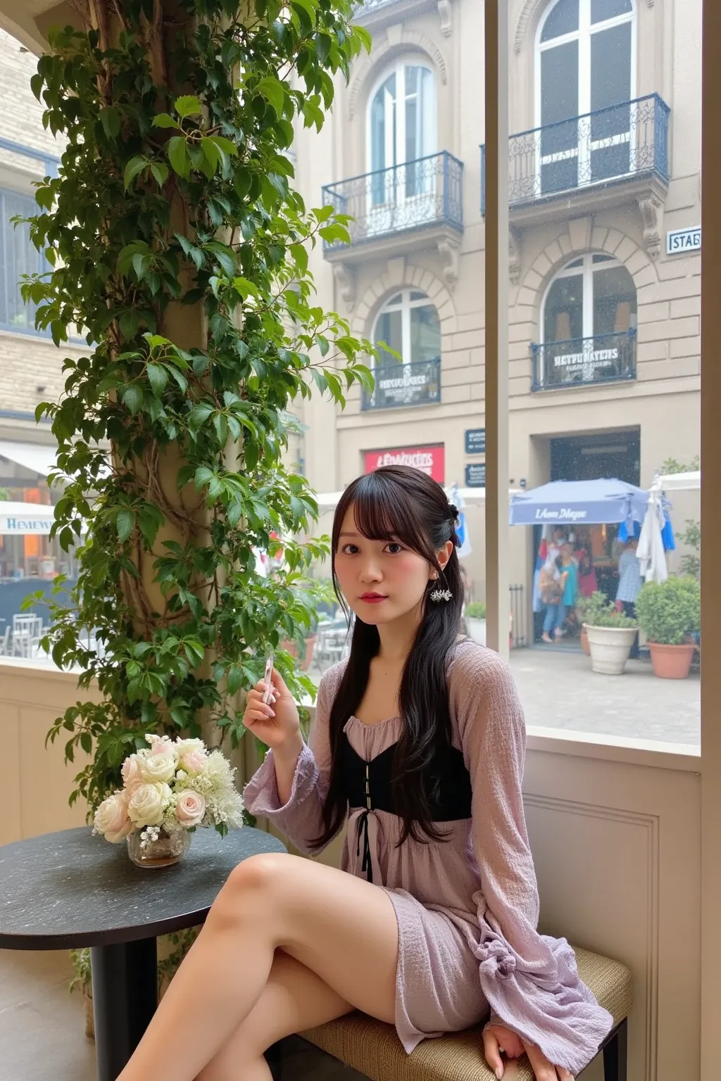 「It's a cafe on a street corner in France、A cute Japanese woman is spending a relaxing time alone drinking tea。with a typical French cityscape and street spreading out in the background。」


