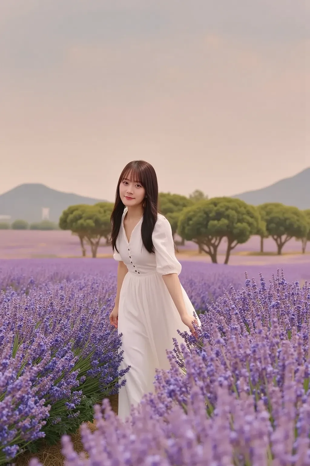 「in a beautiful lavender field in Provence。Purple Flower々Surrounded by、A lovely Japanese woman walking happily while waving her hair in the wind。」
