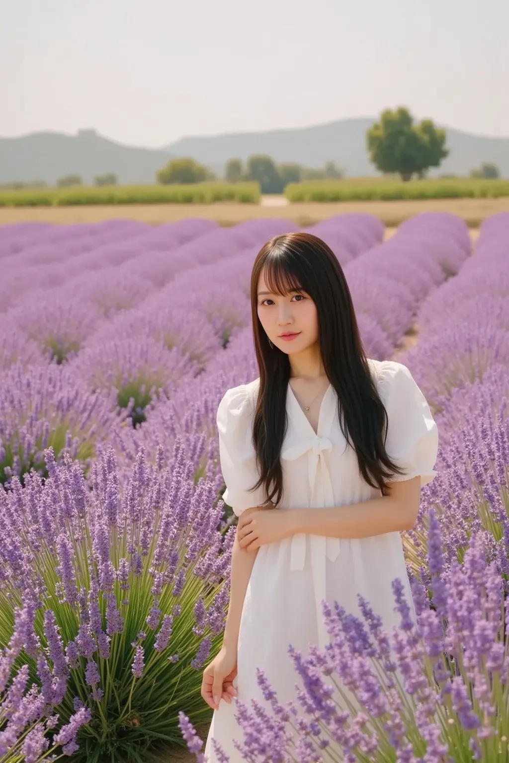 「in a beautiful lavender field in Provence。Purple Flower々Surrounded by、A lovely Japanese woman walking happily while waving her hair in the wind。」
