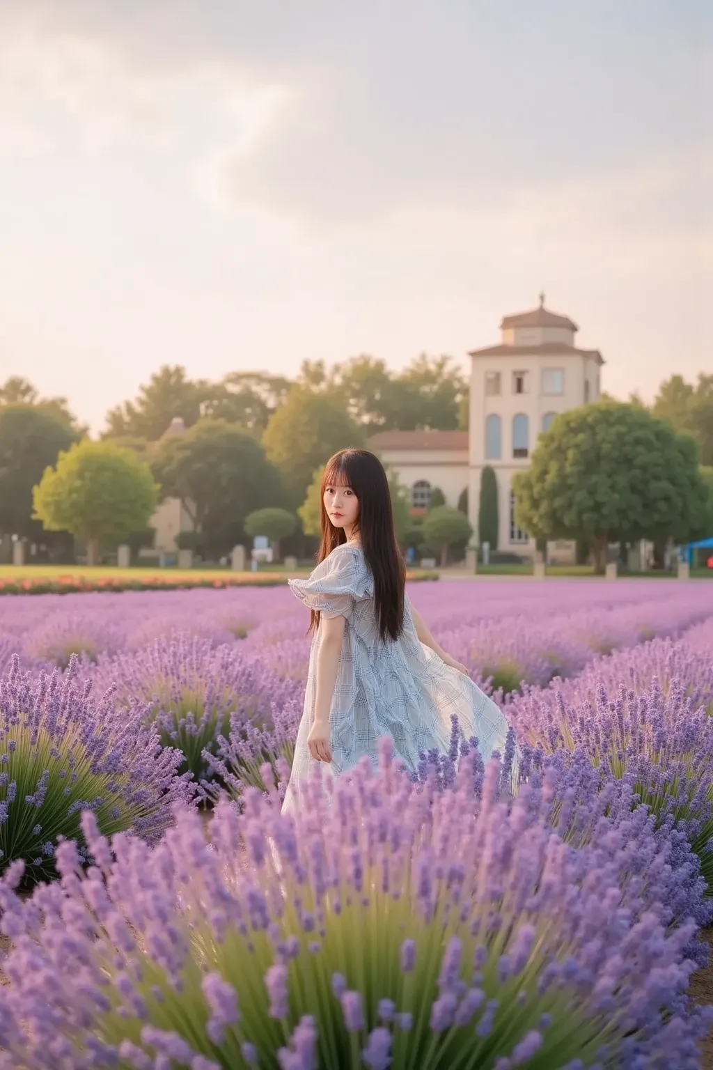 「in a beautiful lavender field in Provence。Purple Flower々Surrounded by、A lovely Japanese woman walking happily while waving her hair in the wind。」
