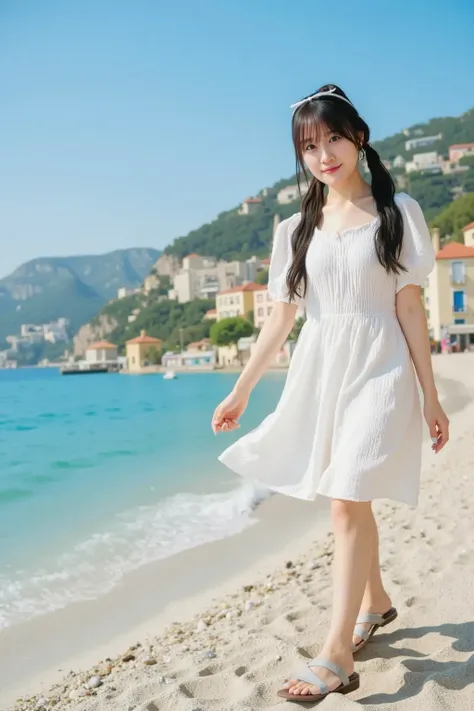 「With the blue sea of Nice in the background、a cute Japanese woman is walking by the beach alone。she wears light sandals、enjoying the gentle sunshine in a white dress。」
