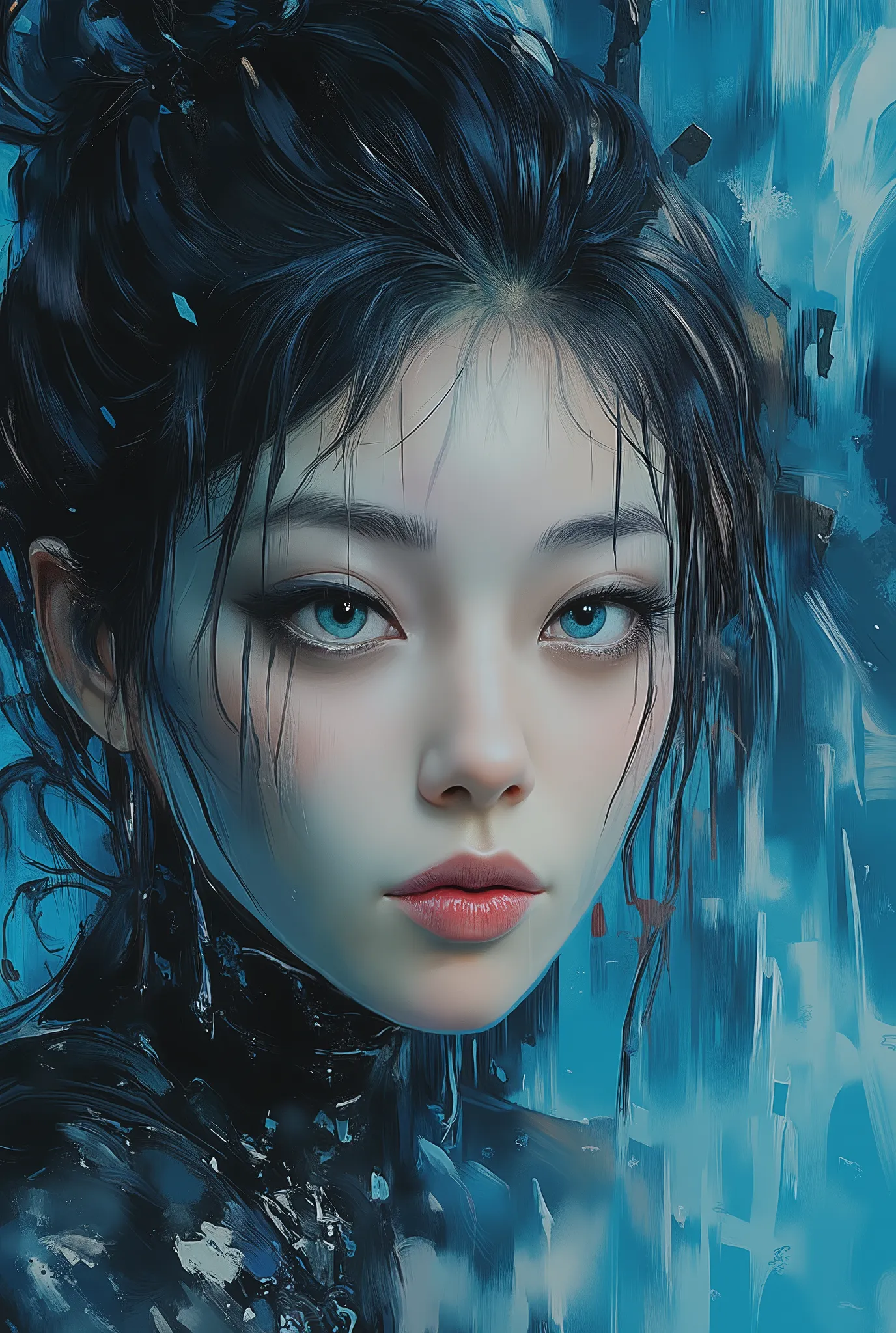  mesmerizing digital illustration inspired by Loish, depicting a closep of a woman´s face beneath a waterfall, water flowing down her face and hair, cool and soothing color palette, her expression peaceful, illuminated by soft ambient light, a dreamlike an...