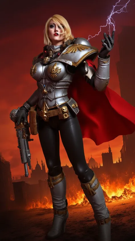 "Warhammer 40k Battle Sister with unique design: silver and gold Gothic armor,  Ornamental details (imperial eagles, skulls ,  Sacred Flames ) and combat-worn. She wears shiny black pantytights (satin effect/oily), black or metallic high heel boots with go...