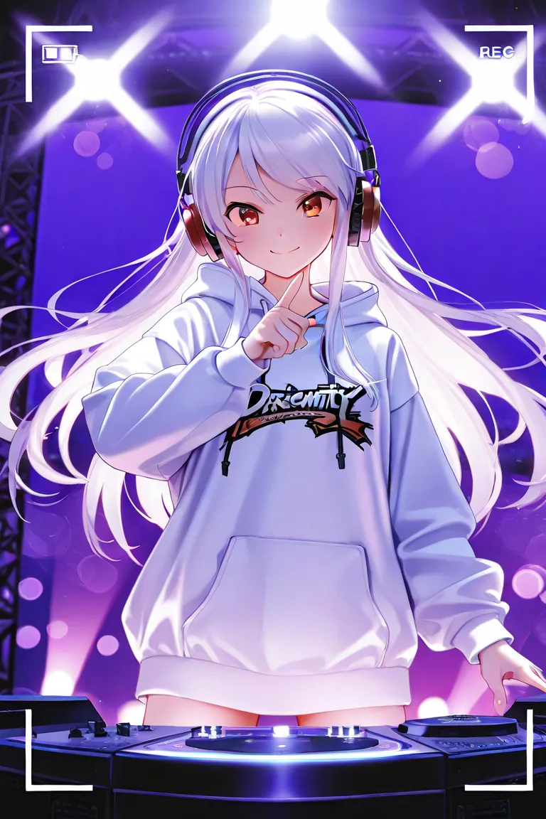 1girl, ager, white long hair, red eyes, DJ, headphones, long oversized hoodie, no bottom, concert, dynamic lighting, kujou karen pose, stage lights, atmospheric perspective, viewfinder border, indoor scenery, cowboy shot, white hoodie, bokeh, overexposure,...