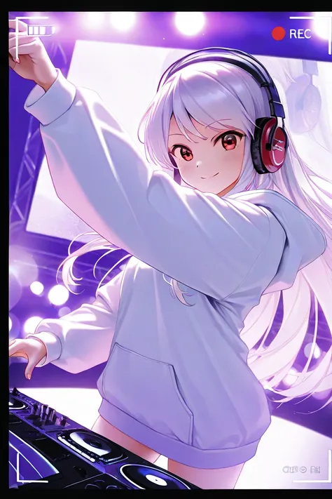 1girl, ager, white long hair, red eyes, DJ, headphones, long oversized hoodie, no bottom, concert, dynamic lighting, kujou karen pose, stage lights, atmospheric perspective, viewfinder border, indoor scenery, cowboy shot, white hoodie, bokeh, overexposure,...