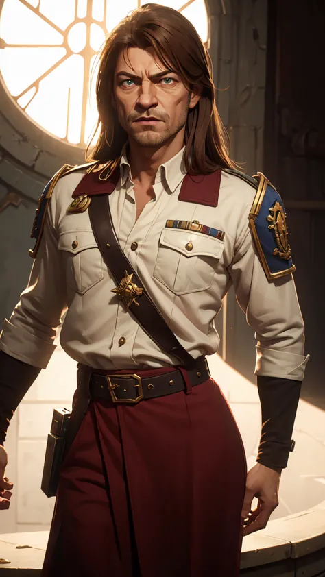 professional photo of young Sean Bean in simple brown empire travel uniform with rank insignia on arms, bullet bandolier,  KTemplar, perfect eyes, upper body shot low lighting, moody, large depth of field, warhammer 40k, deep depth of field, highly detaile...