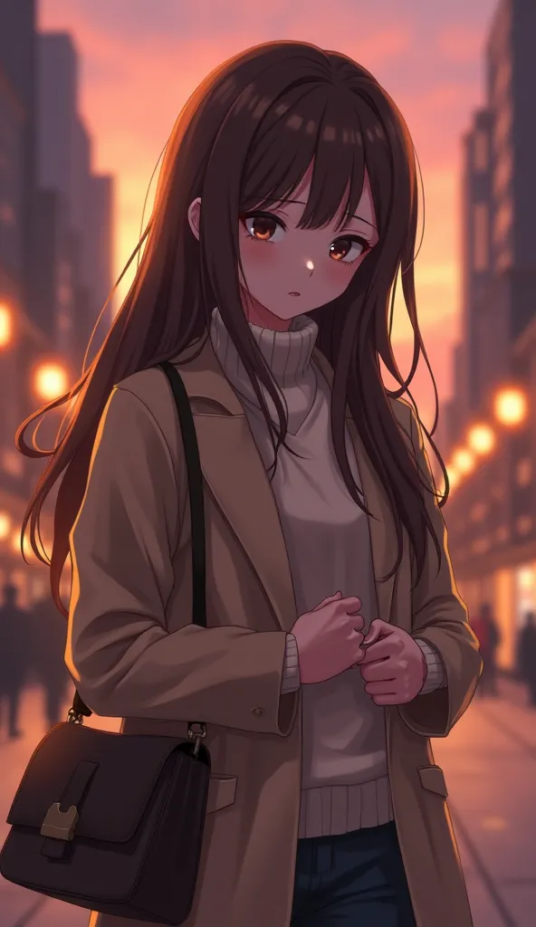 A beautifully detailed anime-style illustration of a 22-year-old woman standing alone on a city street at twilight. She has long, silky brown hair and wears a stylish beige coat over a soft sweater. She clutches the strap of her handbag while gazing downwa...