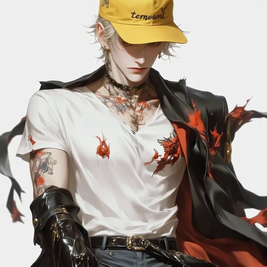   messy blond hair, covered with a yellow hat with the word "terror".
  pointed ears , giving him a touch of fantasy or non-human race.
 Kisses marked on the face, what suggests that he is a charismatic or well-liked character
 Cigarette in the mouth, that...