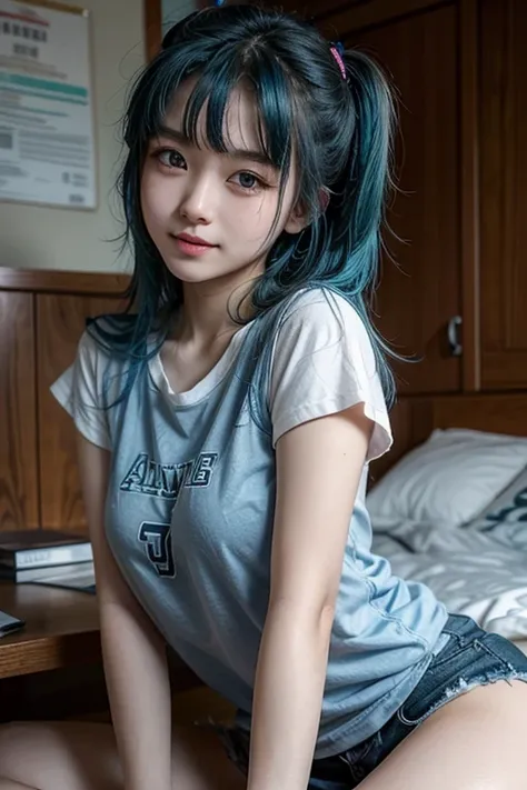 Blue-haired Asian college girl