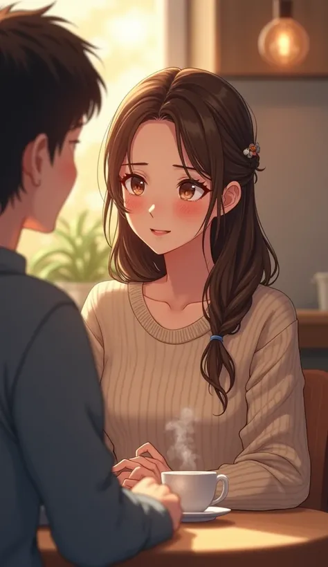 A bittersweet anime-style illustration of a 24-year-old woman sitting across from a young man at a cozy café. She wears a soft knit sweater, her long brown hair tucked behind her ear, revealing a gentle yet slightly forced smile. She laughs at his joke, bu...