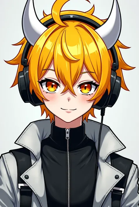 Create a male anime with yellow hair, white and yellow horns and lenses and a Roblox crown and some black headphones and all the black clothes and white leather.