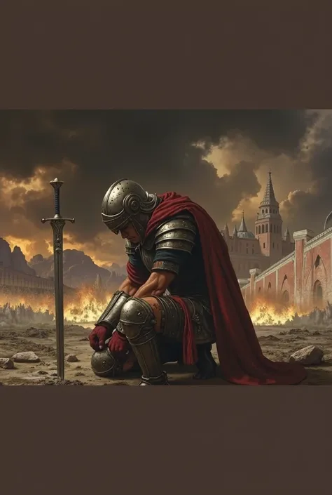 Epic and glorious illustration depicting a warrior kneeling in prayer. The warrior wears a detailed and ornate armor, showing signs of battle with scratches and wear. He is wearing an imposing helmet, partially covering his face, adding a sense of mystery ...