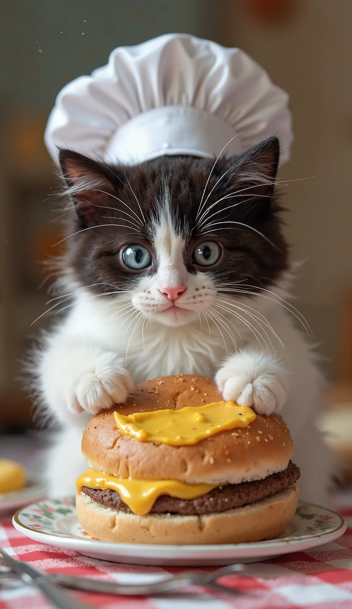 colorful and well-defined image of a small kitten, the cat's colors are black and white, wearing a chef's costume, he is on a table, there are plates, cutlery, he is spreading mayonnaise on a hamburger bun