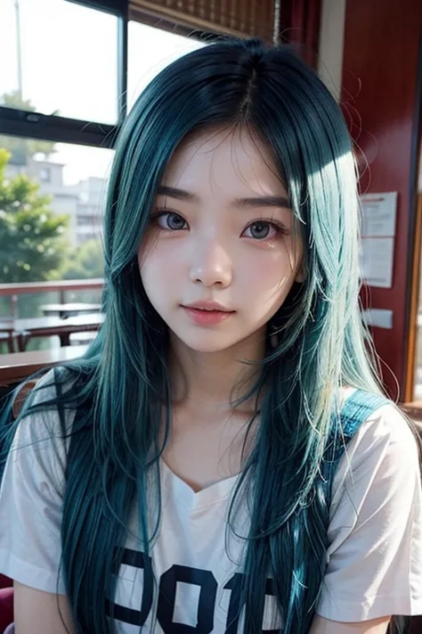 Blue-haired Asian college girl