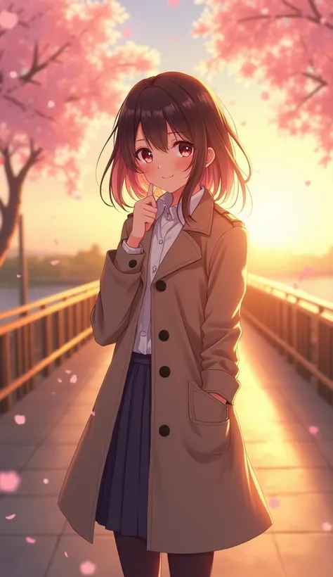 A hopeful anime-style illustration of a 25-year-old woman standing on a pedestrian bridge at dawn, looking toward the horizon with a soft, determined smile. She wears a stylish trench coat, and her hair is gently tousled by the morning breeze. Her fingers ...