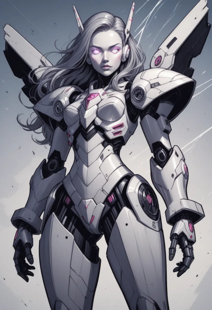 ((robot girl, mecha)), glowing eyes, delicate face, broken armor, mechanical aura, mechanical arm, gray hair, long hair, ceramic body, thigh gap, small breast, cyber background, very fine city, (translucent, reflective skin), 8k, best quality, ultra-detail...