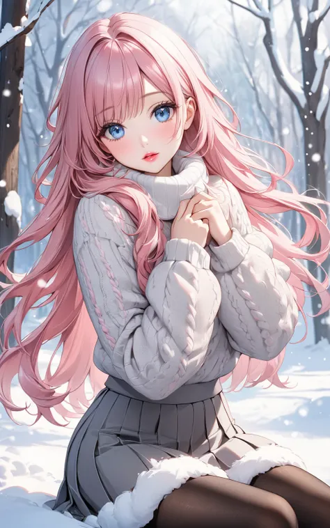 beautiful hands, fluffy sweater, grey short skirt, fluffy sleeves, black pantyhose,
very cute and beautiful girl, (Pink hair:1.2), blue eyes, long hair, beautiful lips, snowy,