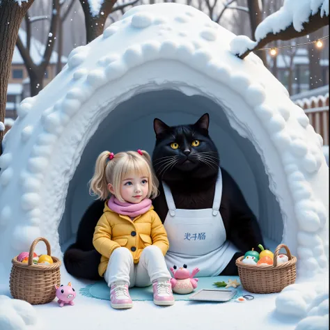 score_9,score_8_up,score_7_up,score_6_up,score_5_up,score_4_up,source_real photo,Ultra-realistic,Photorealistic,Ultra-realistic,Photorealistic,Dramatic Scene,Global Illumination, A huge black cat and a girl about  are playing in the snow in a snow-covered ...